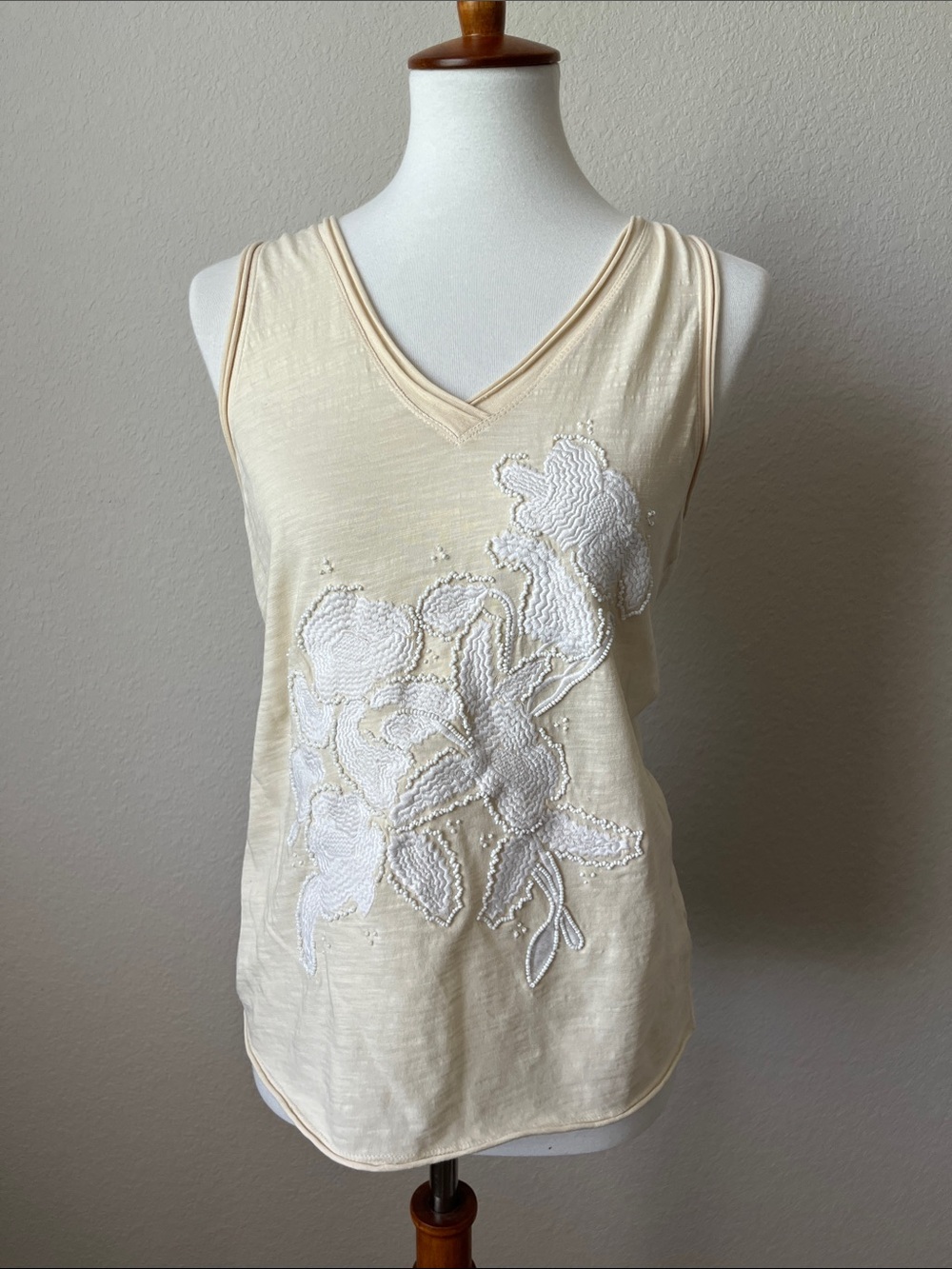 Anthropologie V-Neck Tank with White Beaded Appliqué